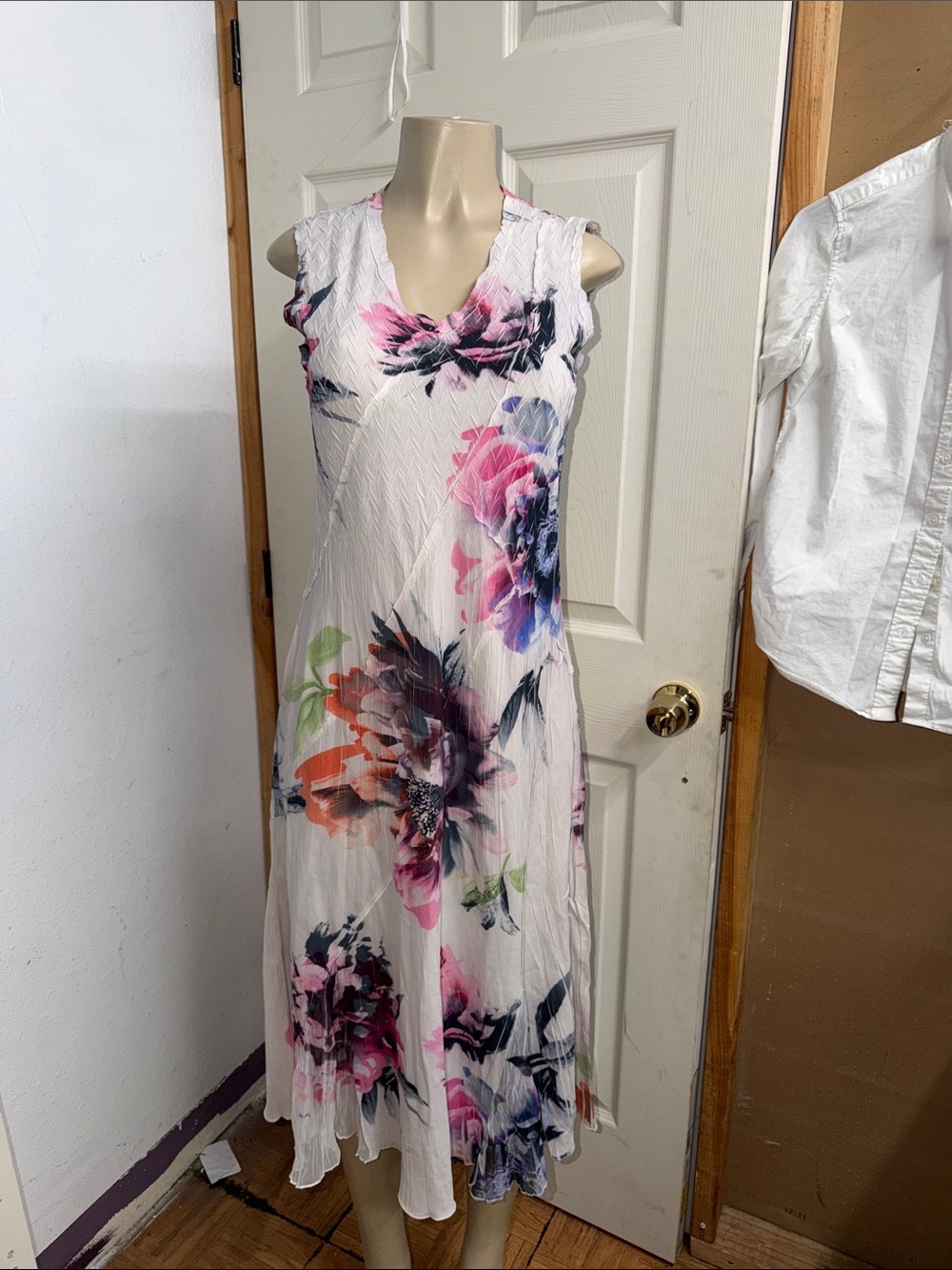 Komarov White Floral Midi Dress with Pink and Purple Blooms